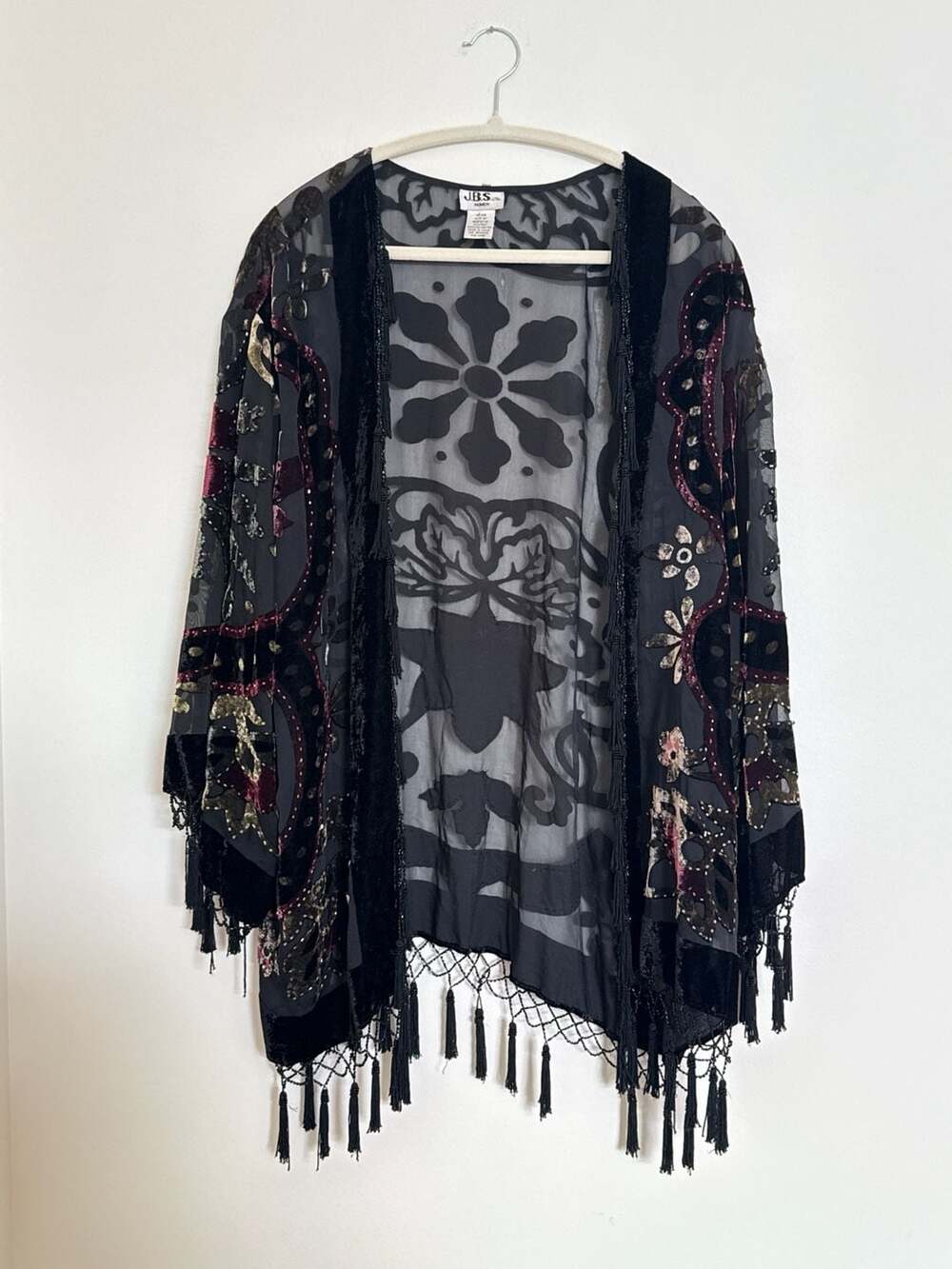 Vintage J.B.S. Ltd Kimono Velvet Burnout Beaded Fringe Size 2XL